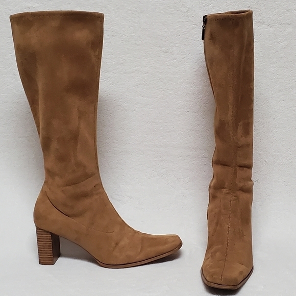 VINTAGE 90s Candies Caramel Faux Suede Stacked Heel Square Toe Knee High Boots 8 - Picture 2 of 16